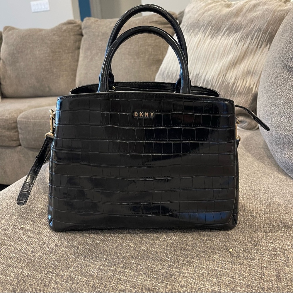 DKNY Glossy Black Croc-Embossed Satchel